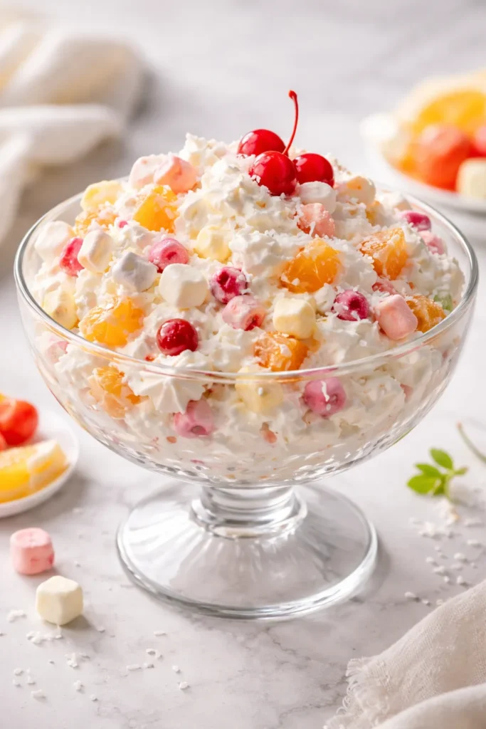 Luxurious ambrosia salad made with real homemade whipped cream