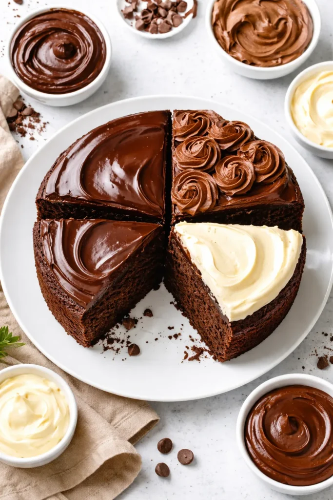 Quartered chocolate cake showing four frosting textures on plate