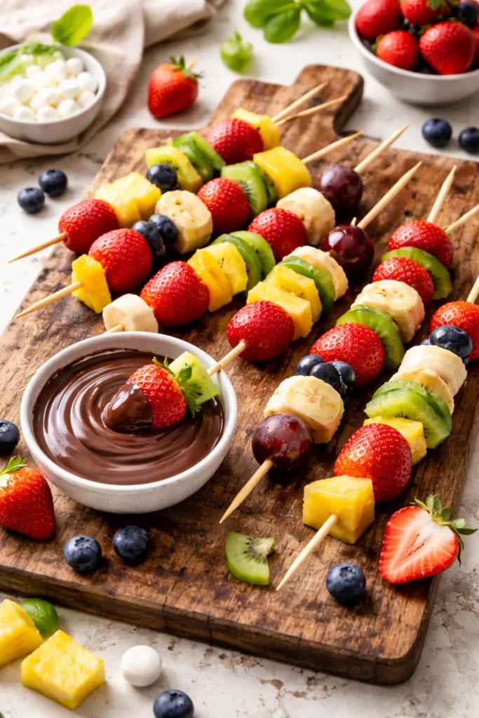Colorful fruit skewers with chocolate dip on a wooden board