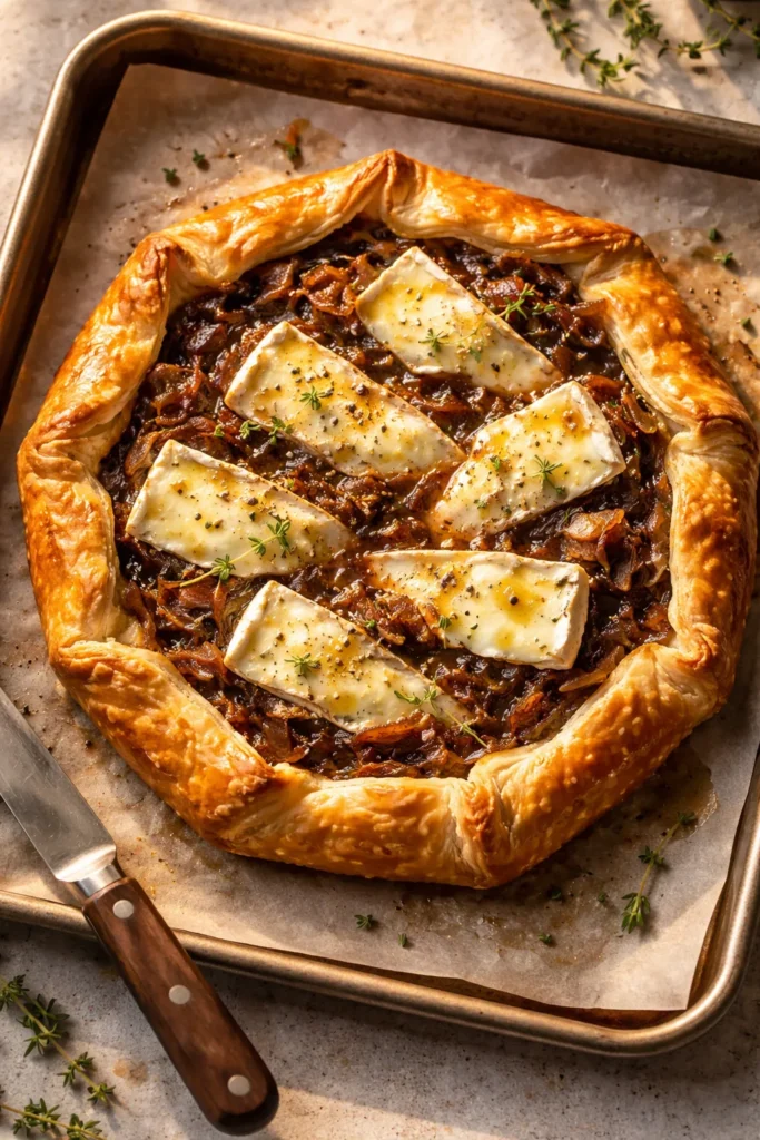 Rustic galette with caramelized onions and Brie on parchment