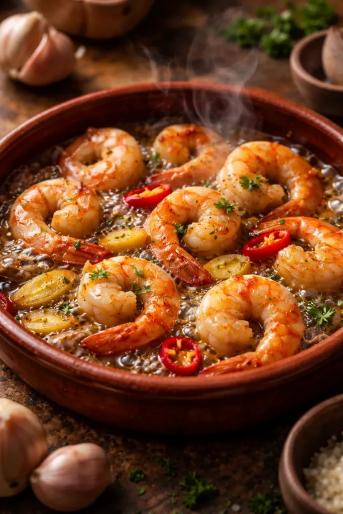 Shrimp in garlic oil sizzling in a cazuela
