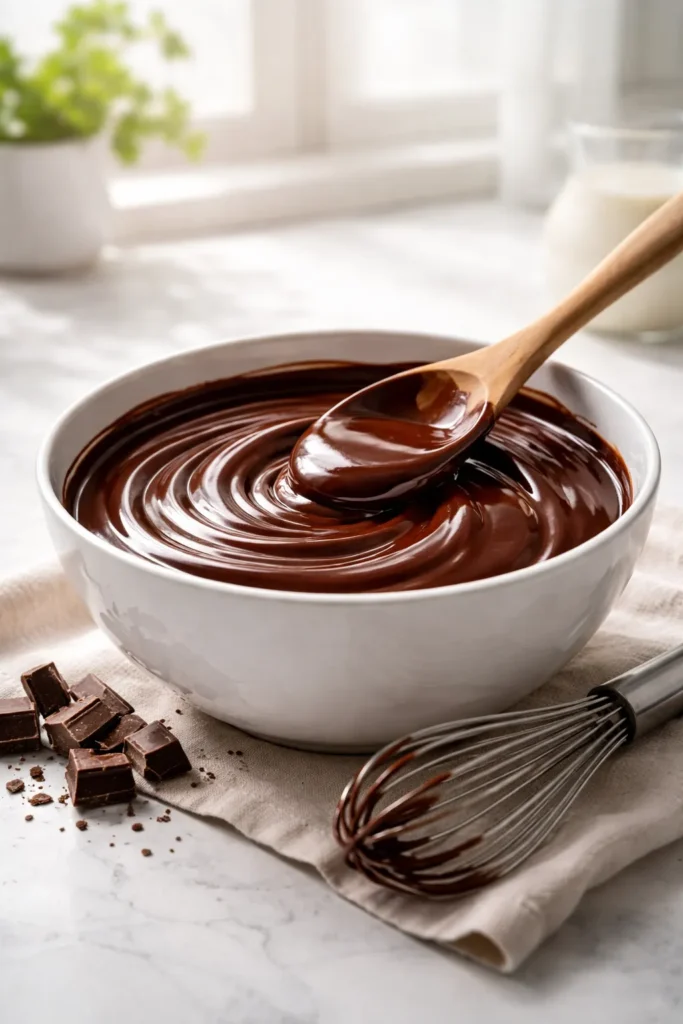 Close-up of glossy ganache in a bowl with a spoon on a clean counter illustrating simple, elegant preparation