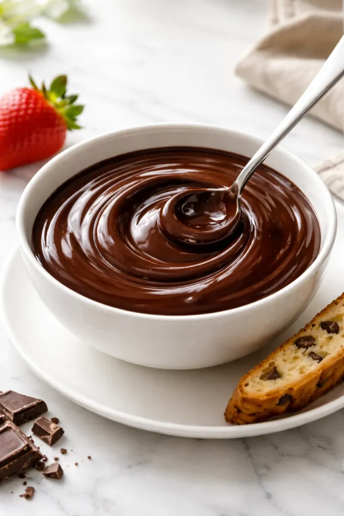 Close-up of glossy chocolate ganache with dipping items illustrating creative uses beyond cake glazing