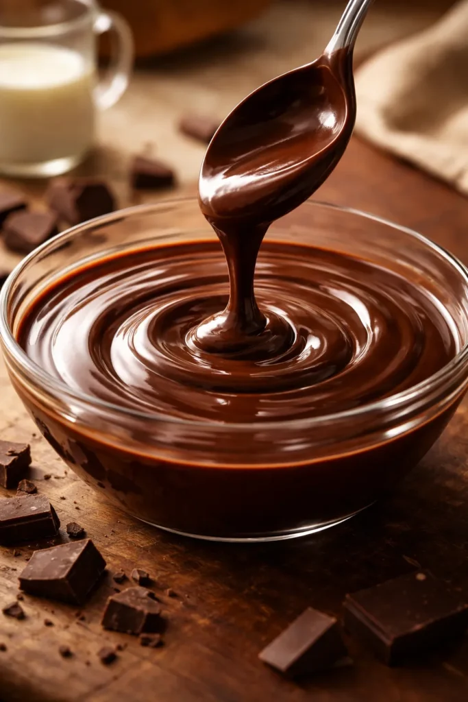 Close-up of silky chocolate ganache in glass bowl with warm lighting