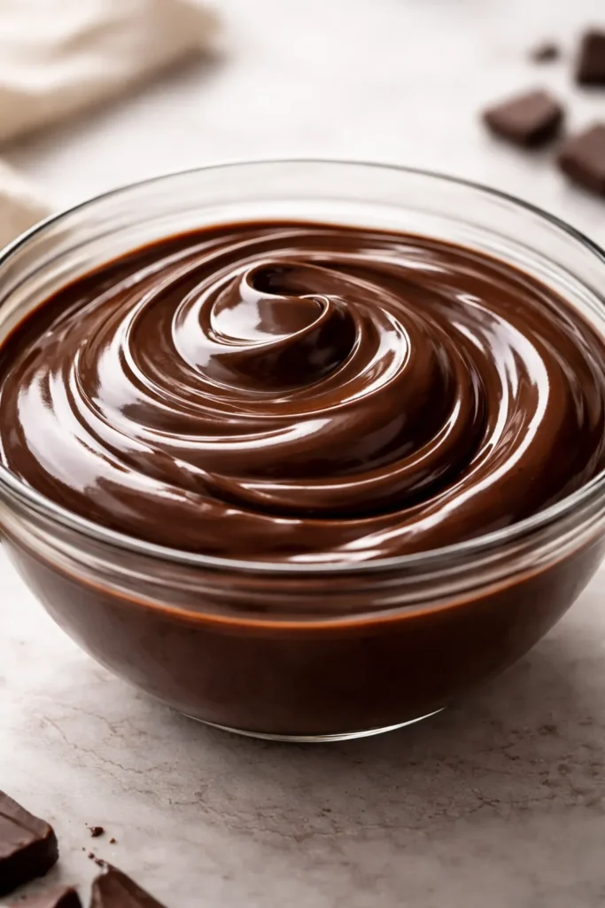Glossy ganache in a glass bowl showing smooth emulsion and shine