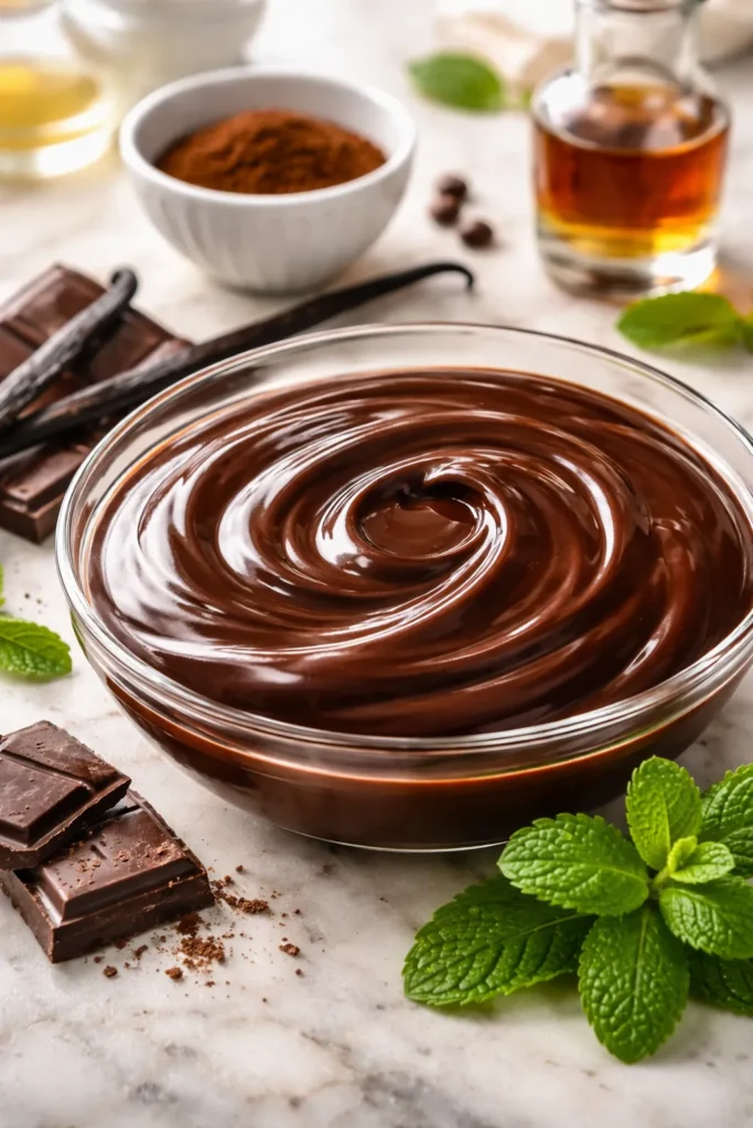 Ganache with vanilla bean, espresso powder, and mint as flavor accents