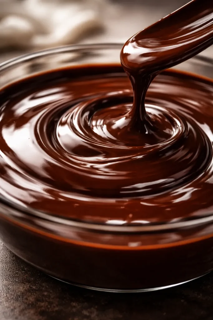 Close-up of ultra-glossy chocolate ganache surface in a shallow dish