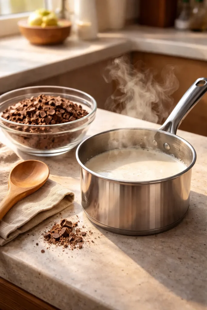 Steam rises from a pan of cream beside chopped chocolate ready to be emulsified