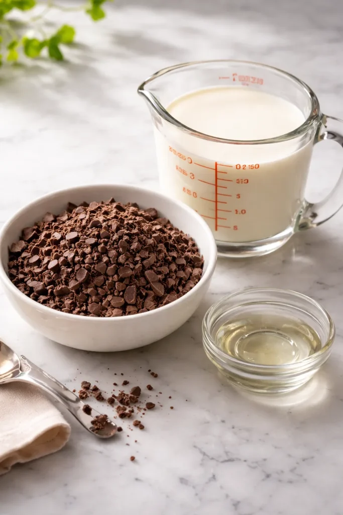 Chopped dark chocolate, cream, and corn syrup arranged on a marble surface for ganache