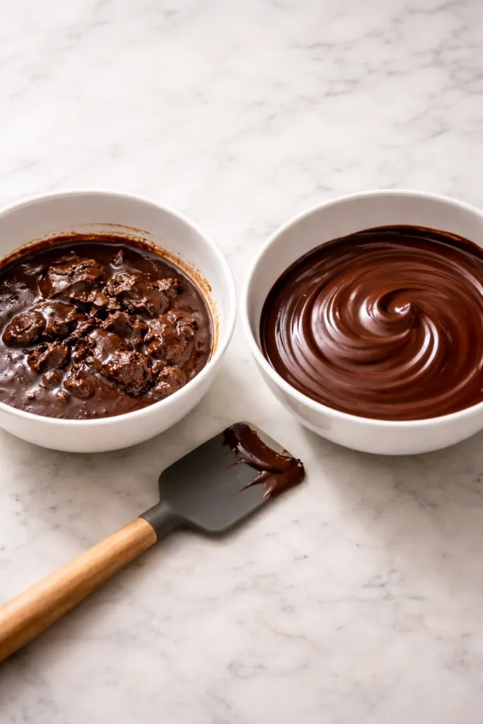 Two bowls show broken and smooth ganache side by side with a spatula between
