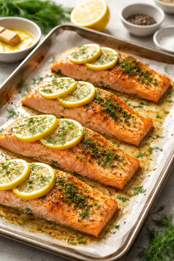 Four salmon fillets baked with garlic butter dill and lemon on parchment