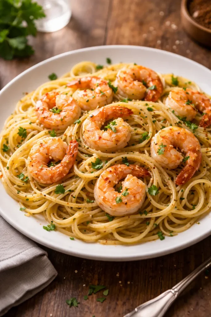 Close-up of garlic butter shrimp pasta on a white plate with parsley garnish.