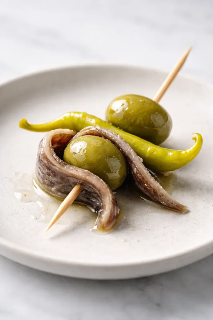 Single Gilda pintxo skewer with anchovy, olive, and pepper