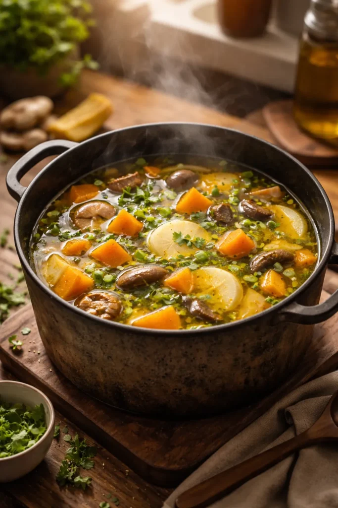 Golden broth with squash and mushrooms in a rustic pot