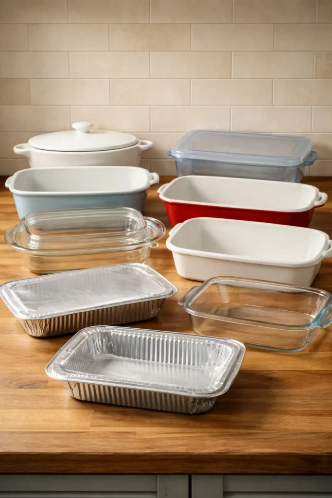 Different baking dishes for crowd casseroles including glass, ceramic, and aluminum.