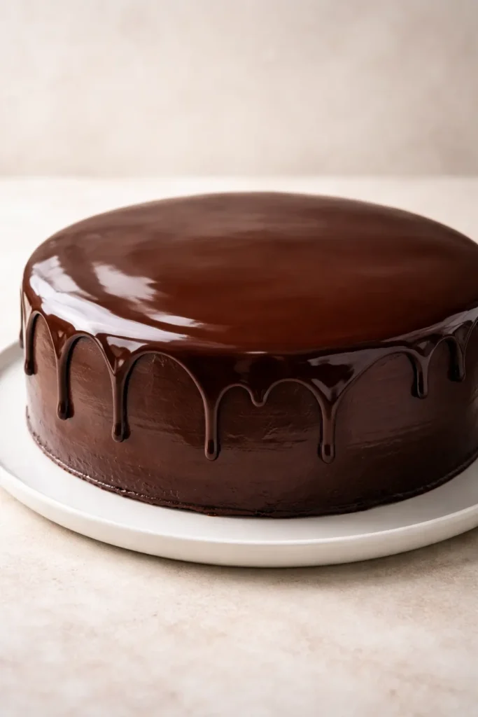 Cake with mirror-like chocolate ganache glaze on neutral background