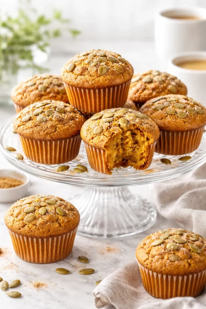 A stack of moist gluten-free pumpkin muffins on a glass stand