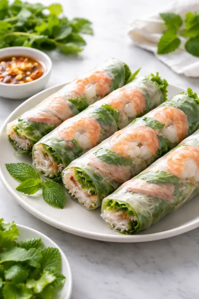 Fresh spring rolls with shrimp and pork in translucent rice paper