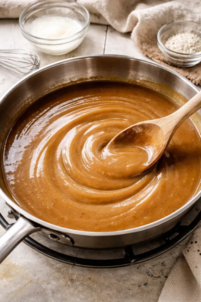 Glossy gravy thickening in a pan with smooth texture