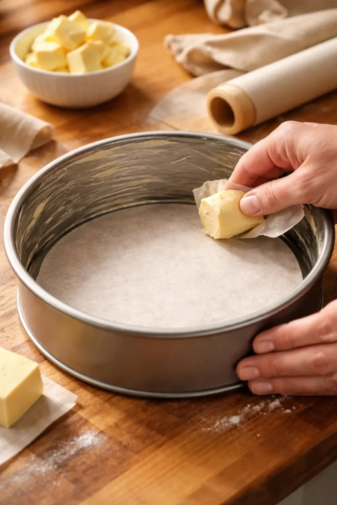 Close-up of a greased cake pan with parchment for easy release