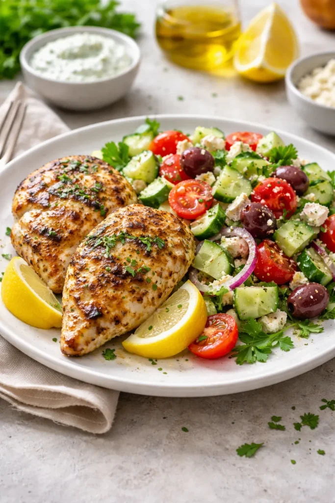 Grilled Greek chicken with cucumber salad and feta