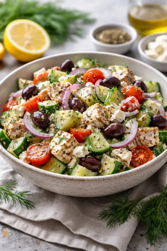 Greek chicken salad with feta and olives in a ceramic bowl