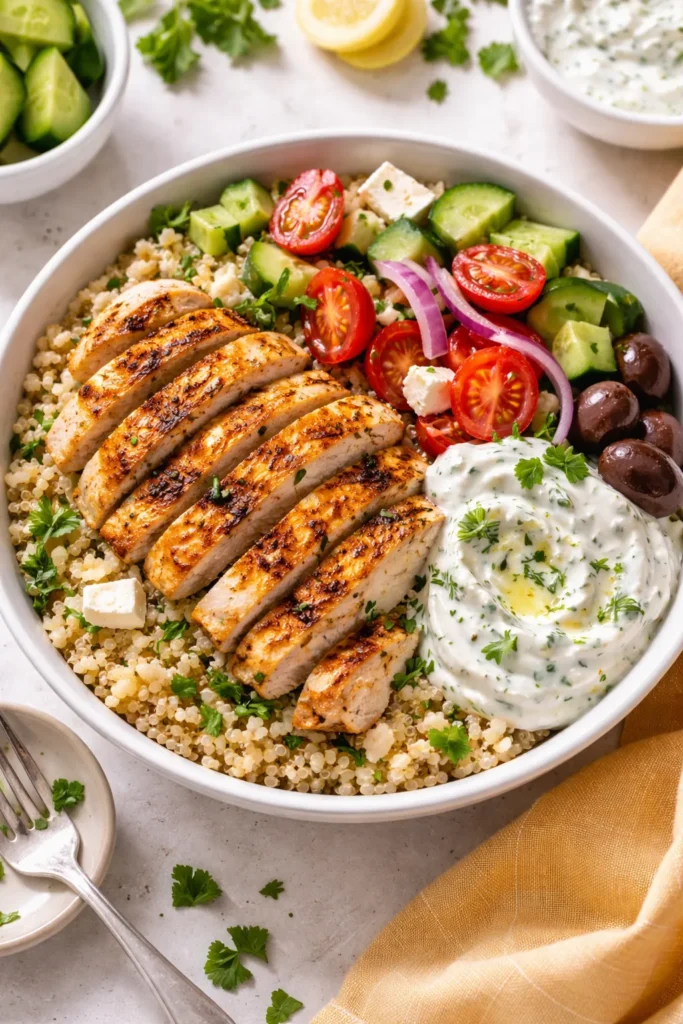 Greek chicken bowl with tzatziki and vegetables