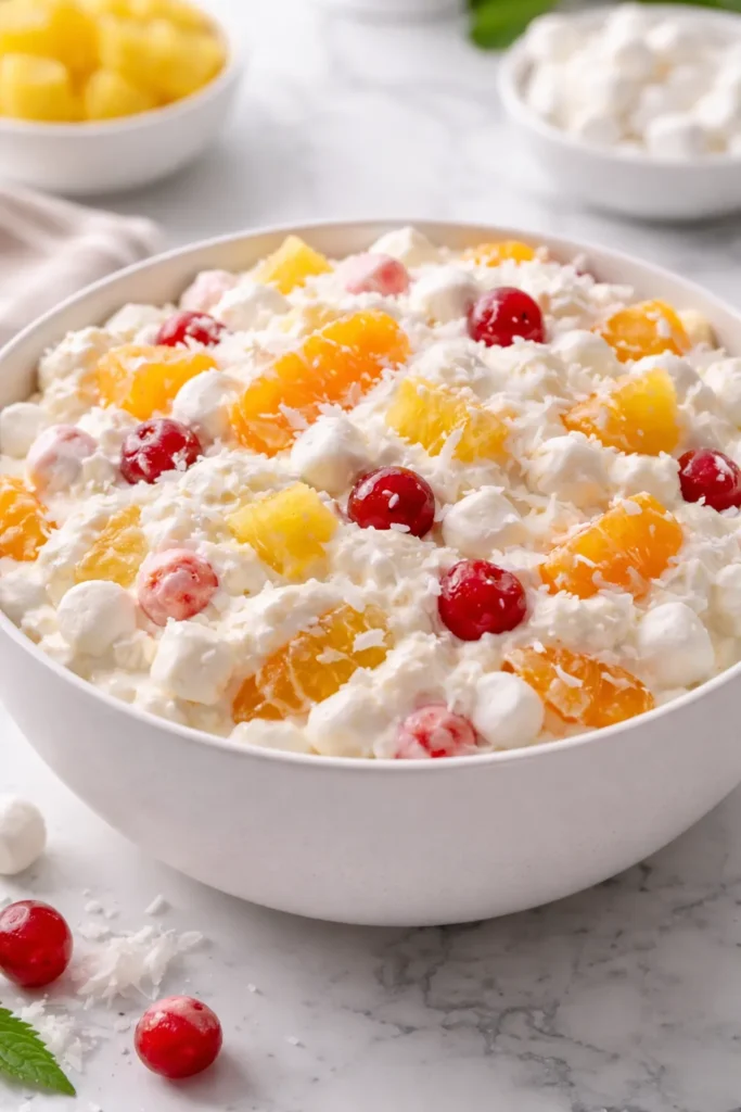 A bowl of healthy Greek yogurt ambrosia salad with fresh fruit segments