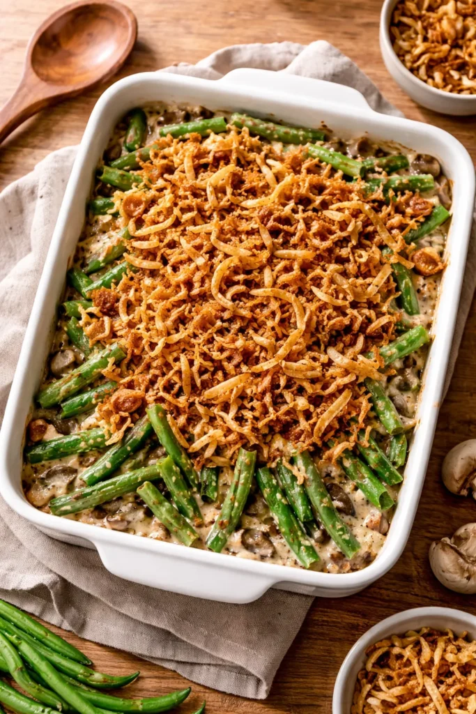 Close-up of green bean casserole from scratch with mushroom sauce and crispy onions, in a baking dish.