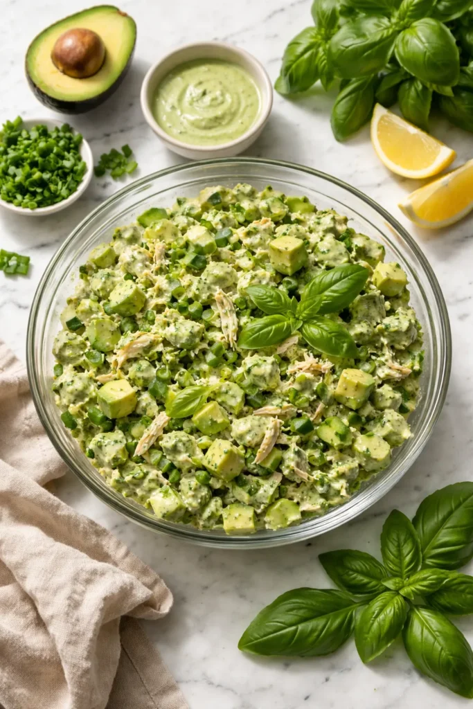 Green Goddess Chicken Salad in glass bowl with avocado and herbs