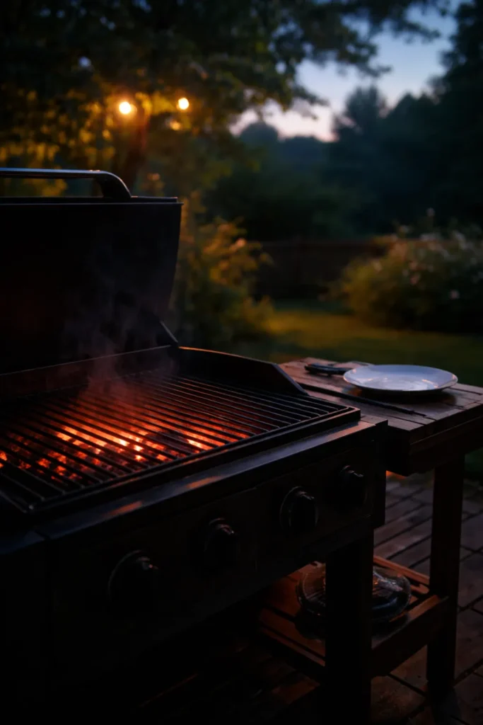Quiet dusk grill scene with glowing embers and an empty plate