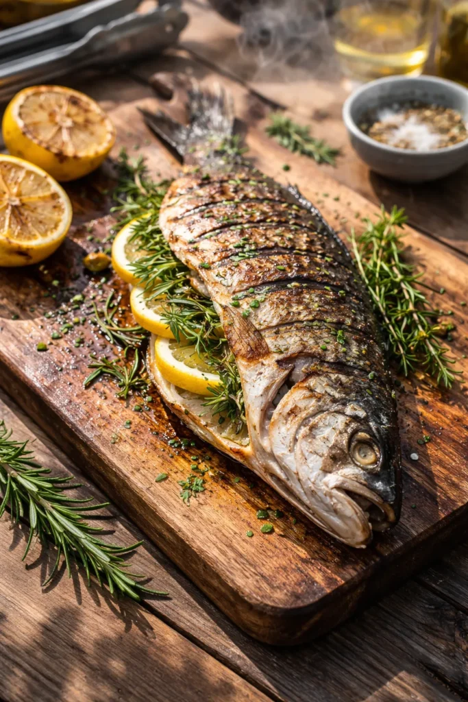 Whole grilled fish with lemon and herbs on a wooden board