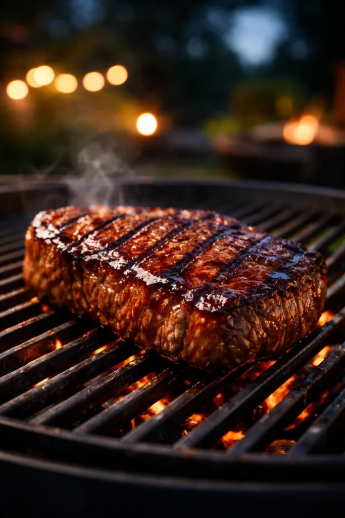 Close-up of a glossed, seared piece of meat on a grill at dusk