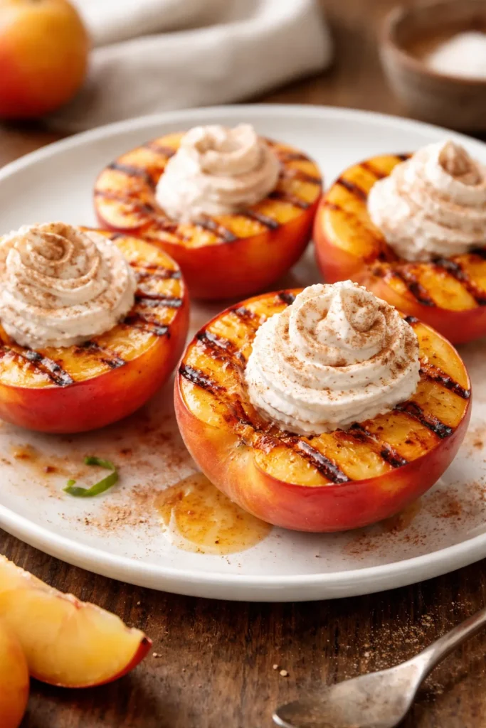 Grilled peach halves with whipped cream and cinnamon on a plate