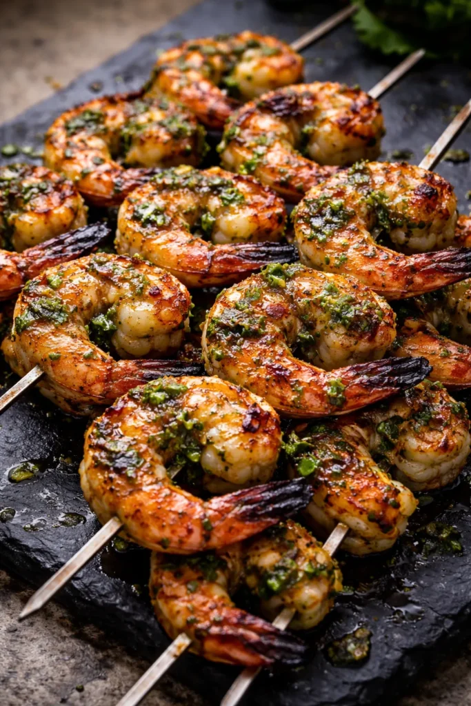 Skewered shrimp with green chermoula glaze and char marks