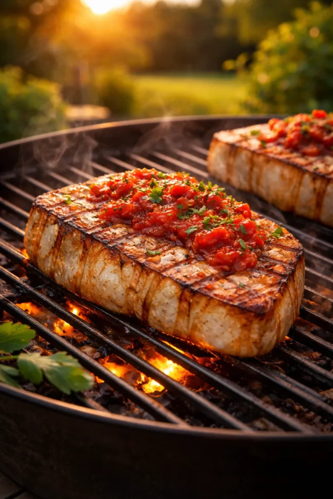 Grilled swordfish steaks with glossy red pepper glaze on a hot grill