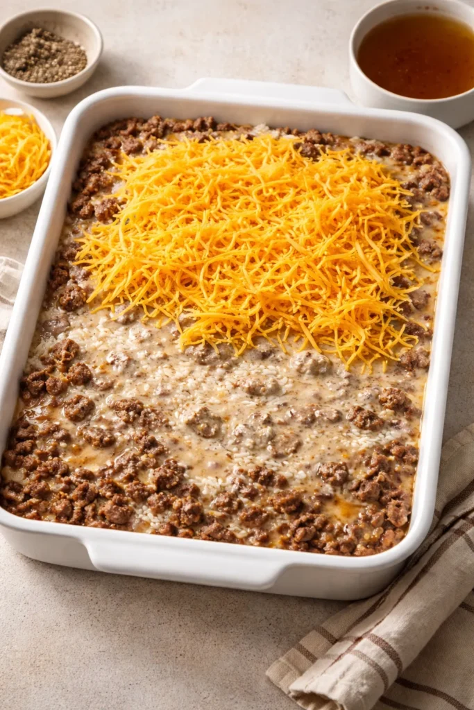 Beef and rice casserole in a baking dish with cheese on top