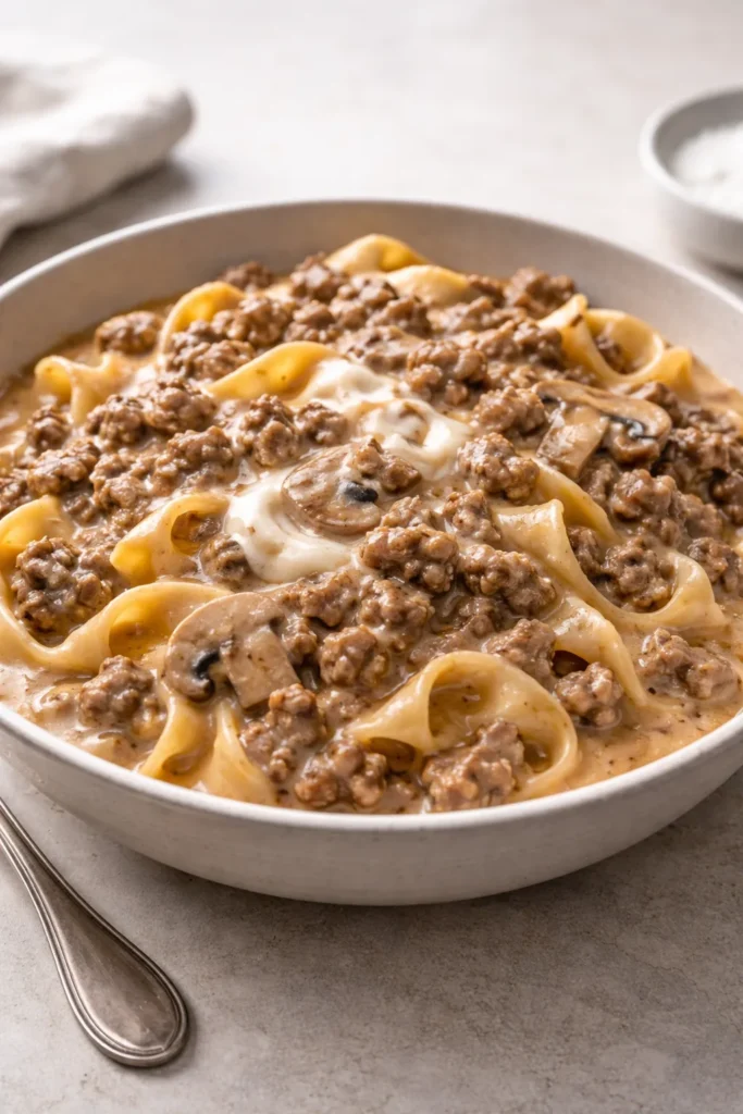 Creamy ground beef stroganoff with pasta in mushroom sauce