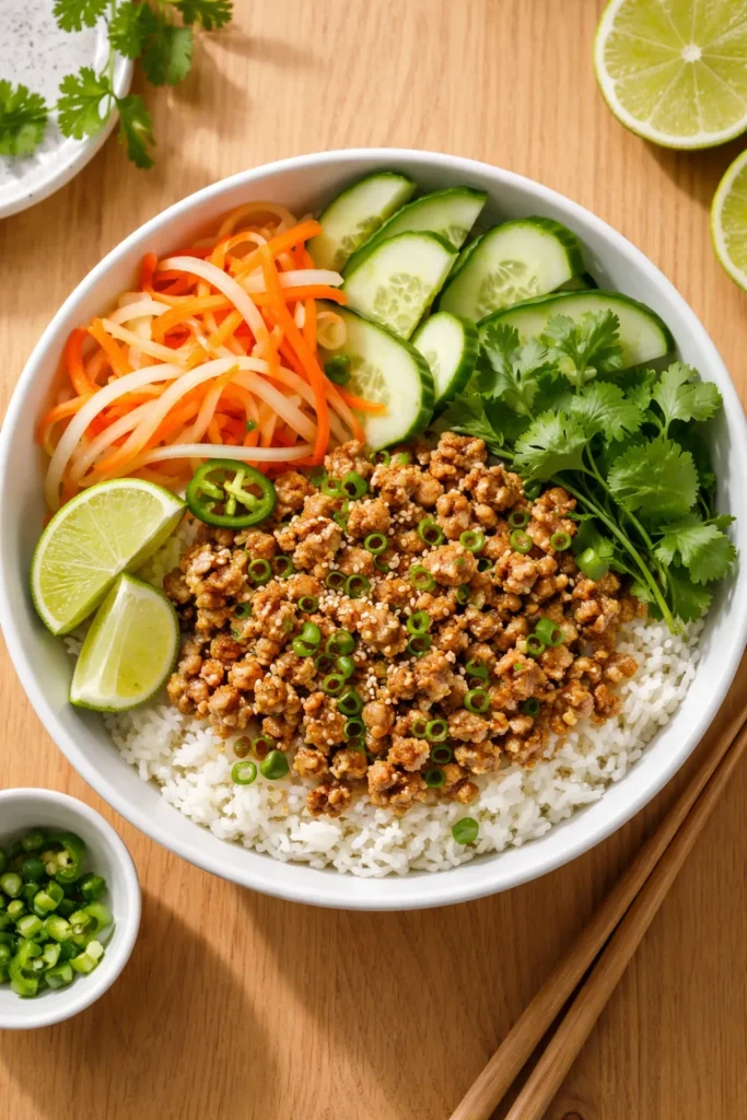 Ground pork banh mi rice bowl with pickled vegetables and herbs.