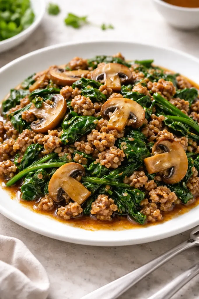 Ground pork stir fry with mushrooms and spinach on plate