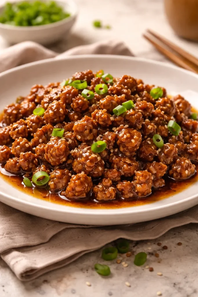 Close-up of a plated ground pork dish on a neutral background