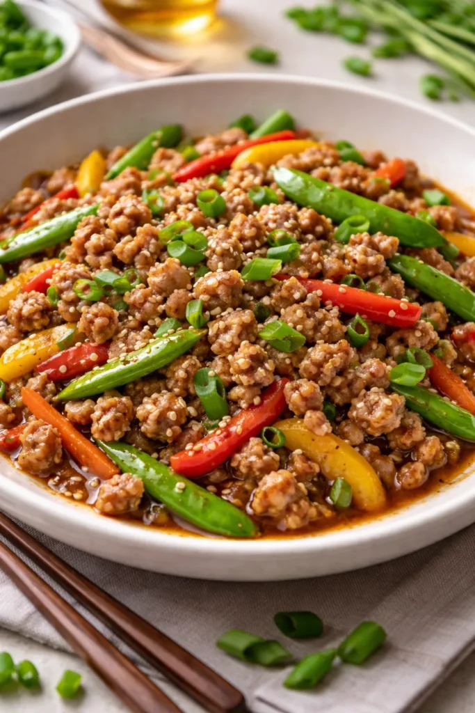 Ground pork stir fry with Shaoxing wine in sauce on plate