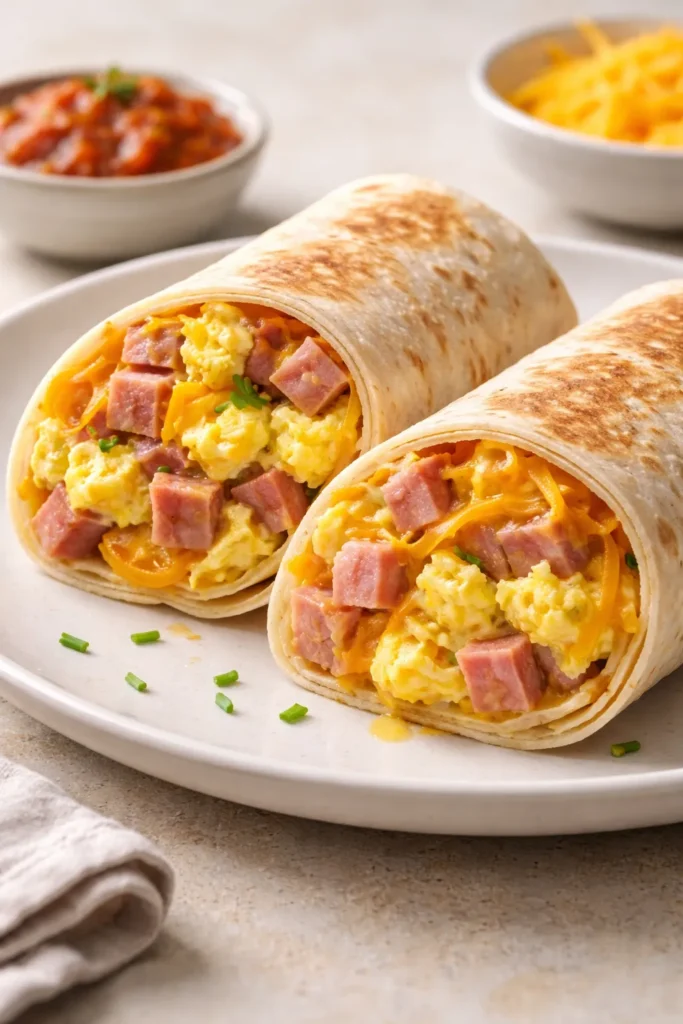 Cross-section of ham and eggs in breakfast burrito on plate