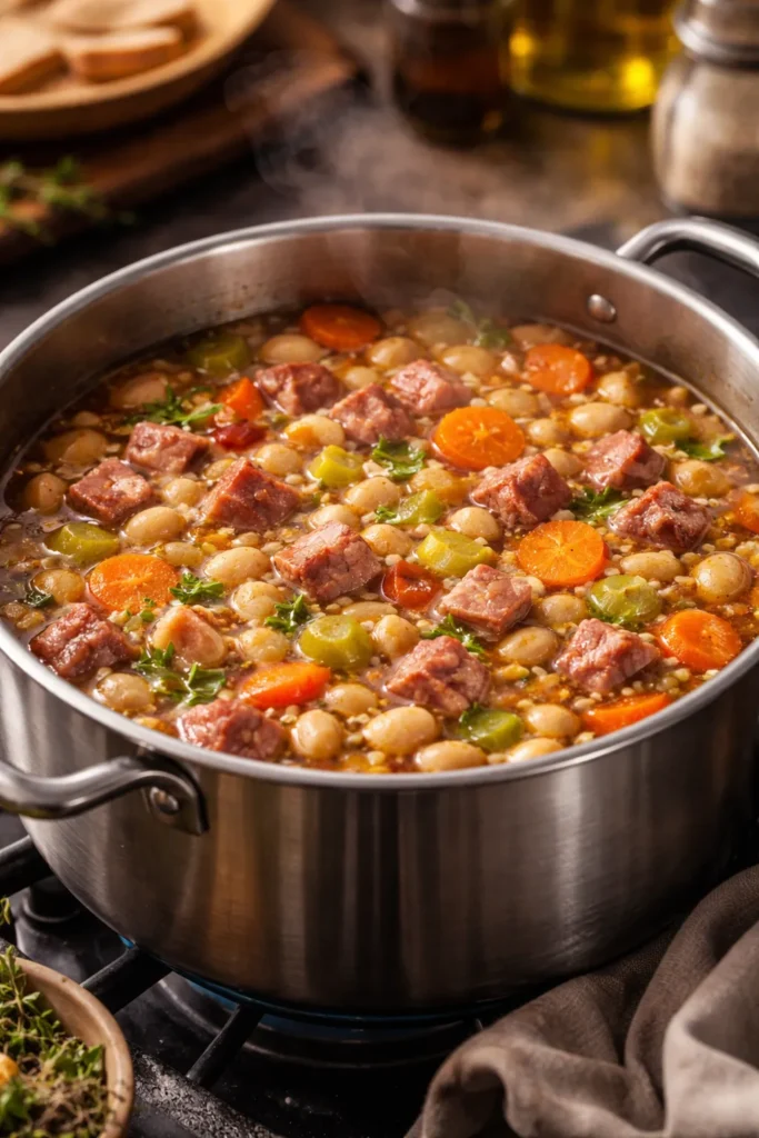 Hearty ham and cannellini bean soup in a pot with vegetables