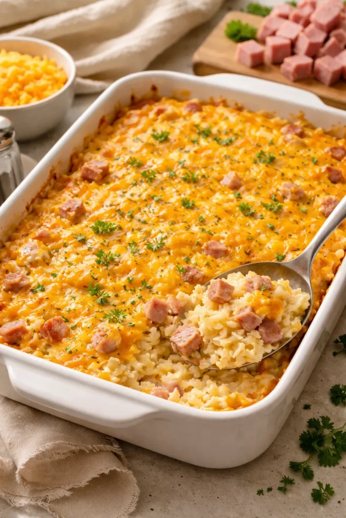 Cheesy Ham and Cheddar Potato Casserole in a baking dish
