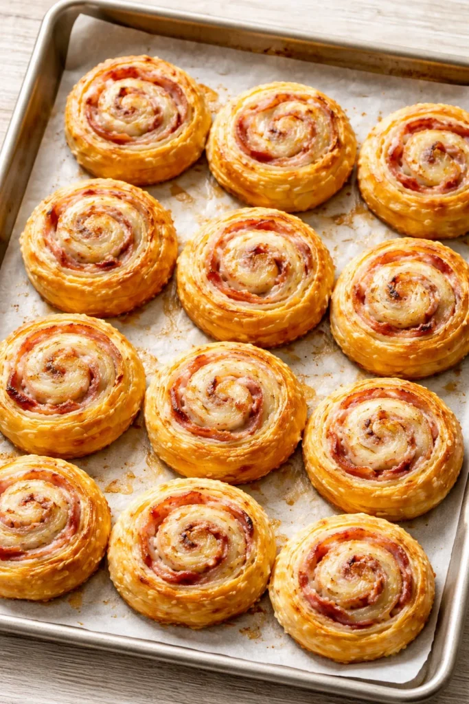 Close-up of ham and Gruyère puff pastry pinwheels on parchment