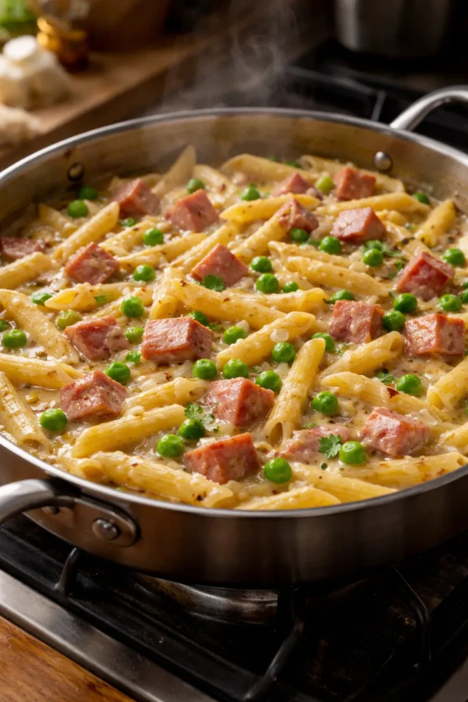 Creamy ham and penne skillet with onions, garlic, and peas in a skillet