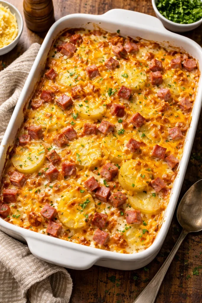 Cheesy ham and potato casserole with layered potatoes and cheddar