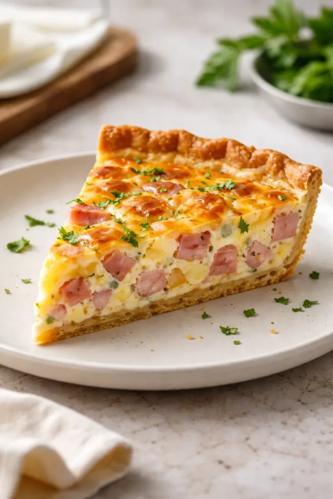 Ham and cheese quiche with Swiss cheese in a golden crust