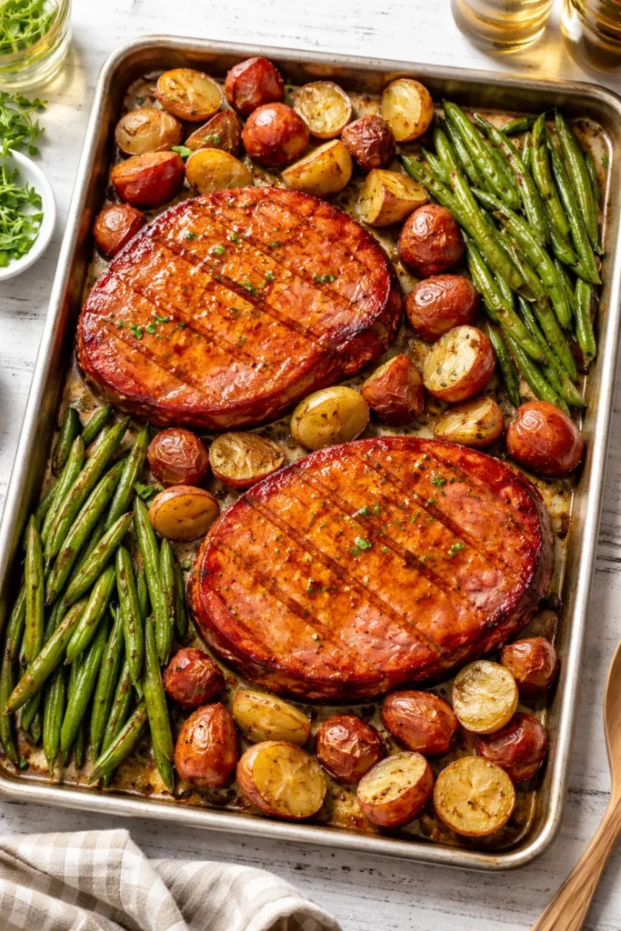 Ham steak sheet pan dinner with potatoes and green beans on a sheet pan